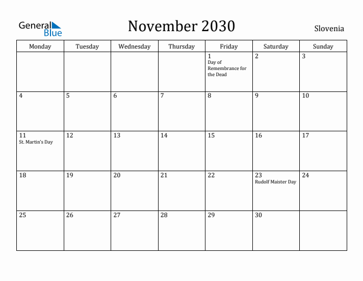 November 2030 Calendar Slovenia