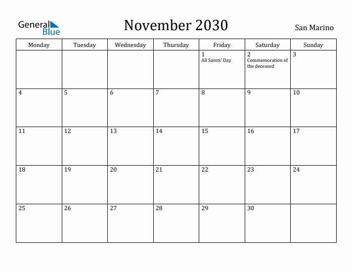 November 2030 Calendar San Marino