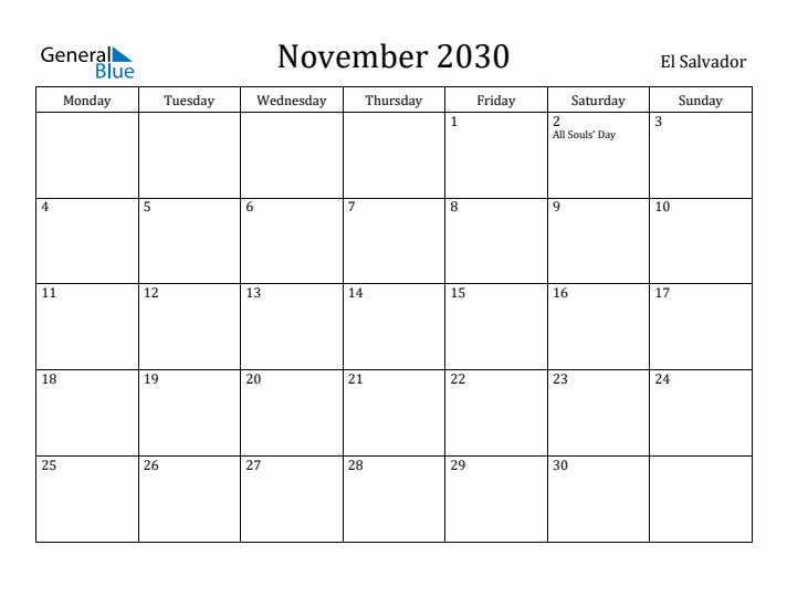 November 2030 Calendar El Salvador