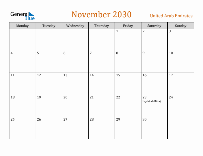 November 2030 Holiday Calendar with Monday Start