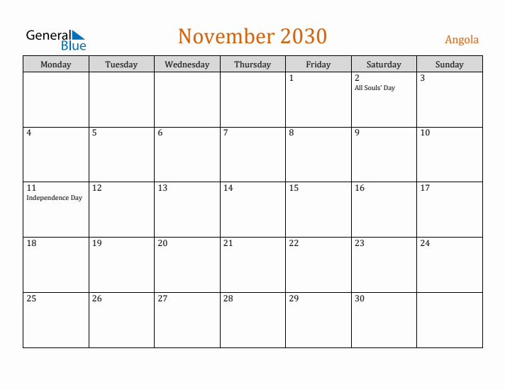 November 2030 Holiday Calendar with Monday Start