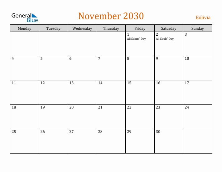 November 2030 Holiday Calendar with Monday Start