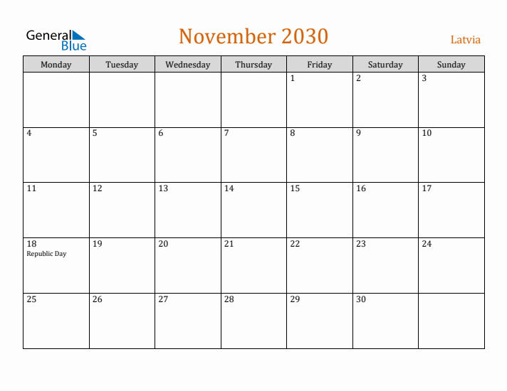 November 2030 Holiday Calendar with Monday Start