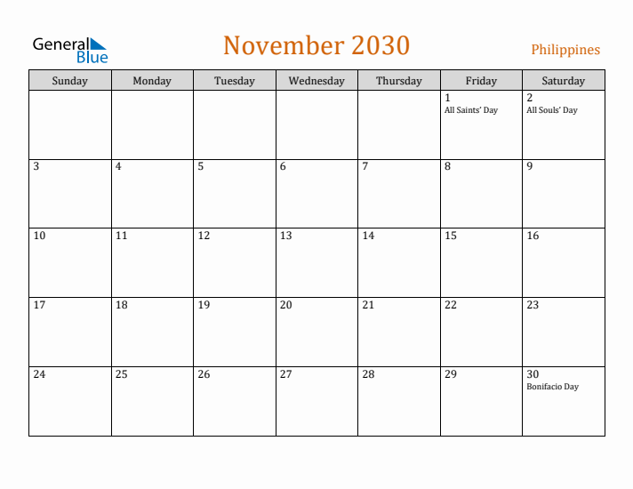 November 2030 Holiday Calendar with Sunday Start