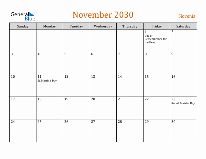 November 2030 Holiday Calendar with Sunday Start