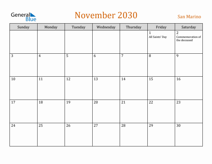 November 2030 Holiday Calendar with Sunday Start