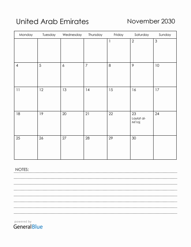 November 2030 United Arab Emirates Calendar with Holidays (Monday Start)