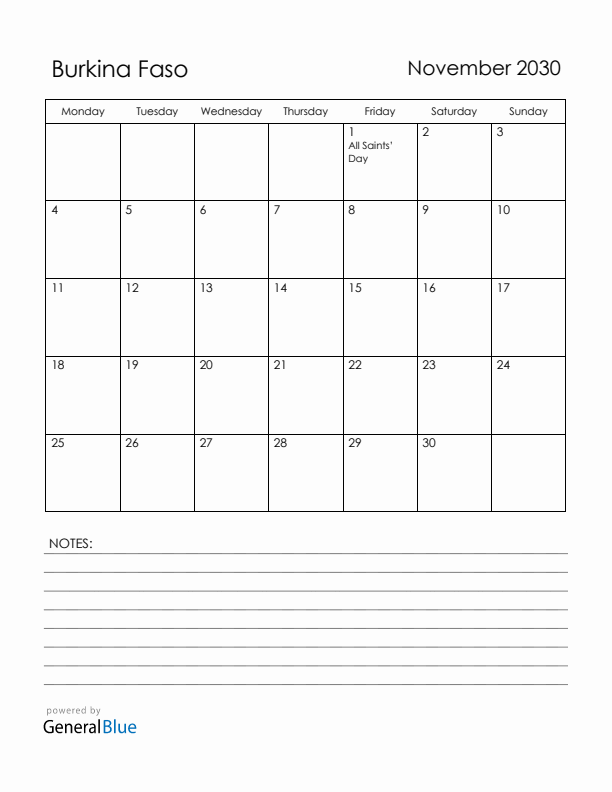 November 2030 Burkina Faso Calendar with Holidays (Monday Start)