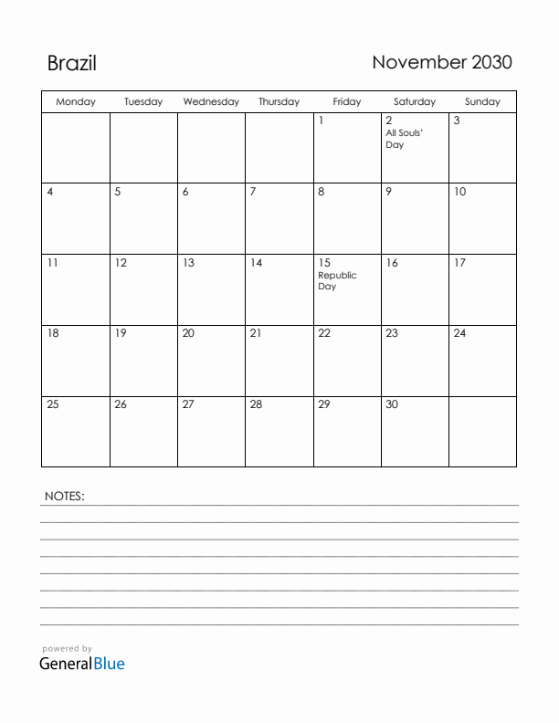 November 2030 Brazil Calendar with Holidays (Monday Start)