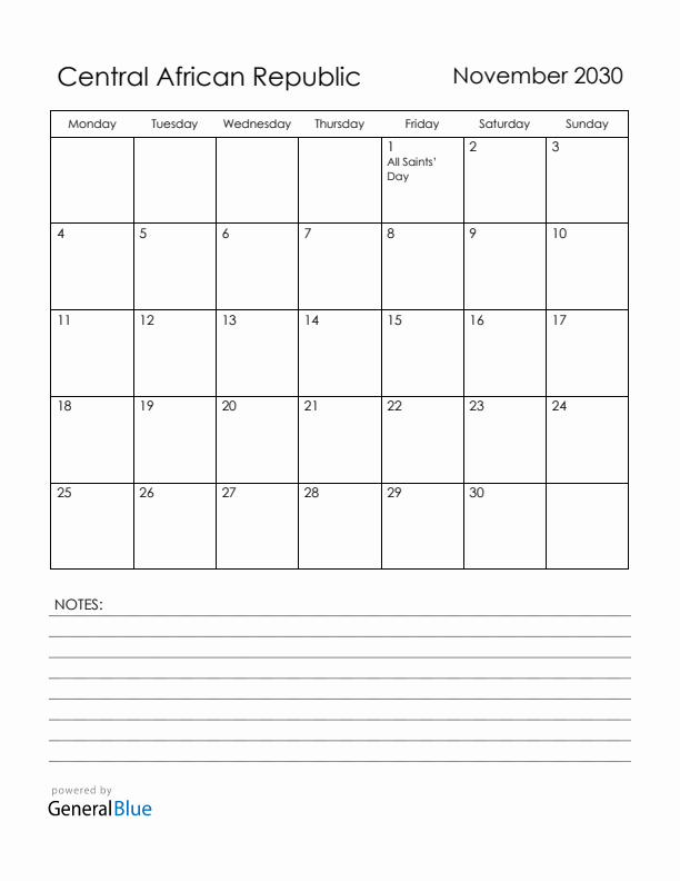 November 2030 Central African Republic Calendar with Holidays (Monday Start)