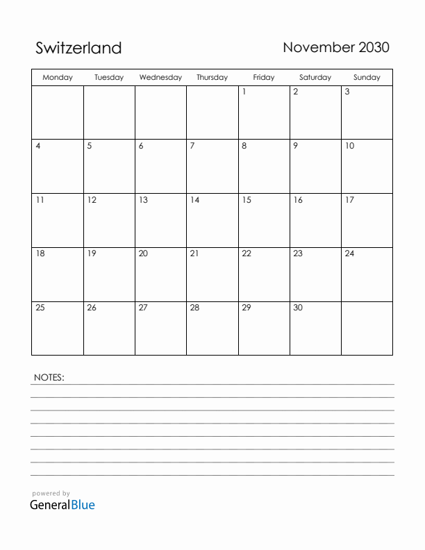 November 2030 Switzerland Calendar with Holidays (Monday Start)