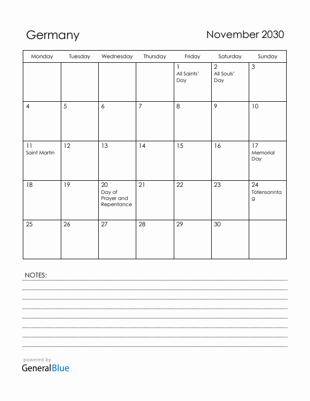 November 2030 Germany Calendar with Holidays (Monday Start)