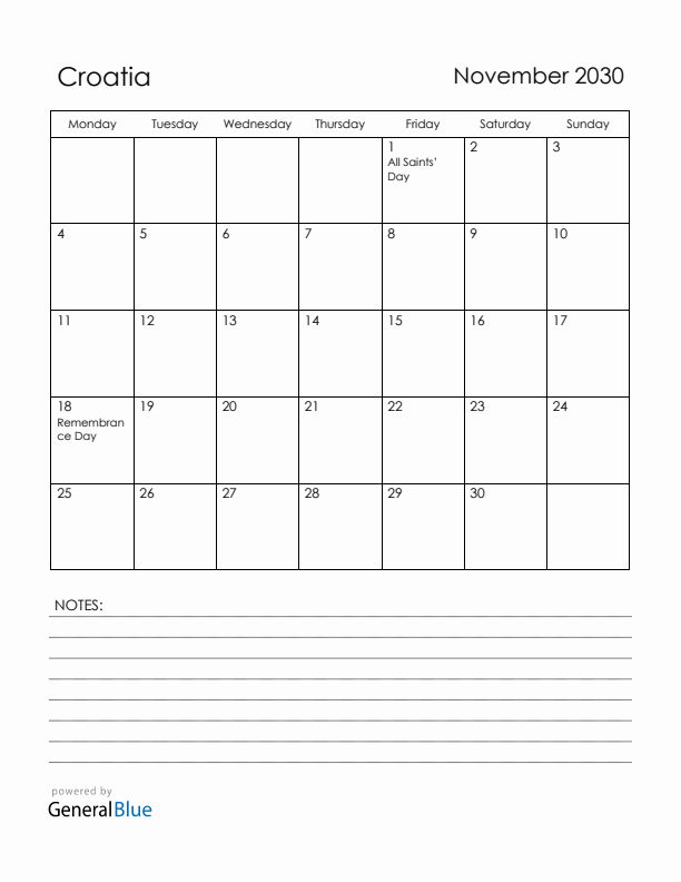 November 2030 Croatia Calendar with Holidays (Monday Start)