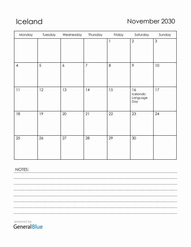 November 2030 Iceland Calendar with Holidays (Monday Start)