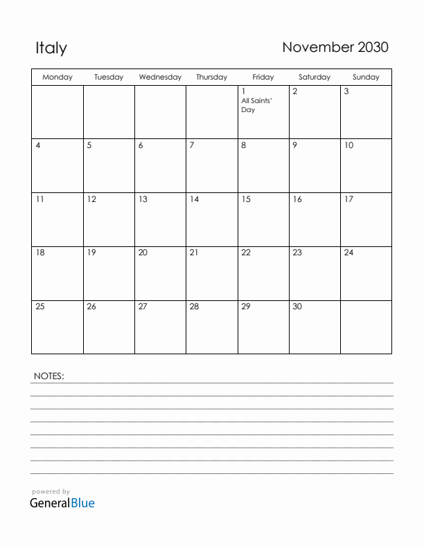November 2030 Italy Calendar with Holidays (Monday Start)