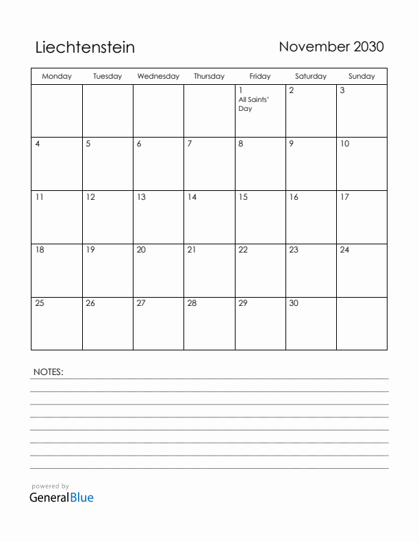 November 2030 Liechtenstein Calendar with Holidays (Monday Start)