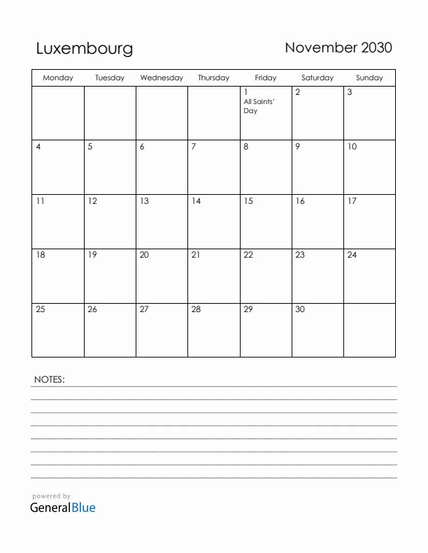 November 2030 Luxembourg Calendar with Holidays (Monday Start)