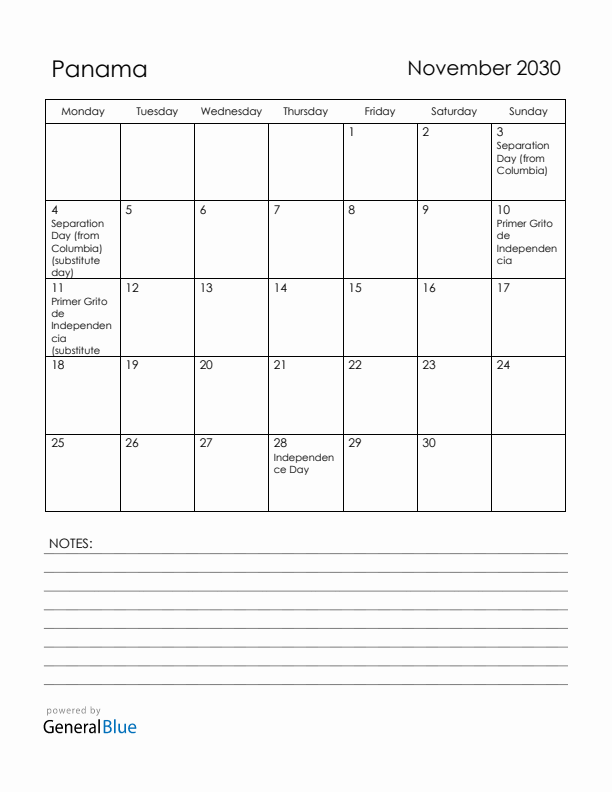 November 2030 Panama Calendar with Holidays (Monday Start)