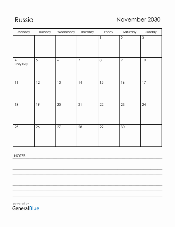 November 2030 Russia Calendar with Holidays (Monday Start)