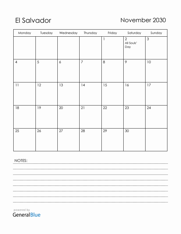 November 2030 El Salvador Calendar with Holidays (Monday Start)