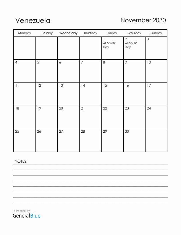November 2030 Venezuela Calendar with Holidays (Monday Start)