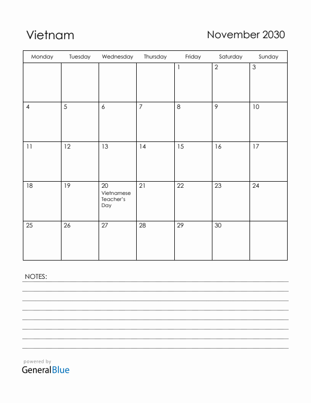November 2030 Vietnam Calendar with Holidays (Monday Start)
