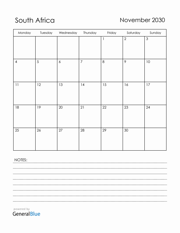 November 2030 South Africa Calendar with Holidays (Monday Start)