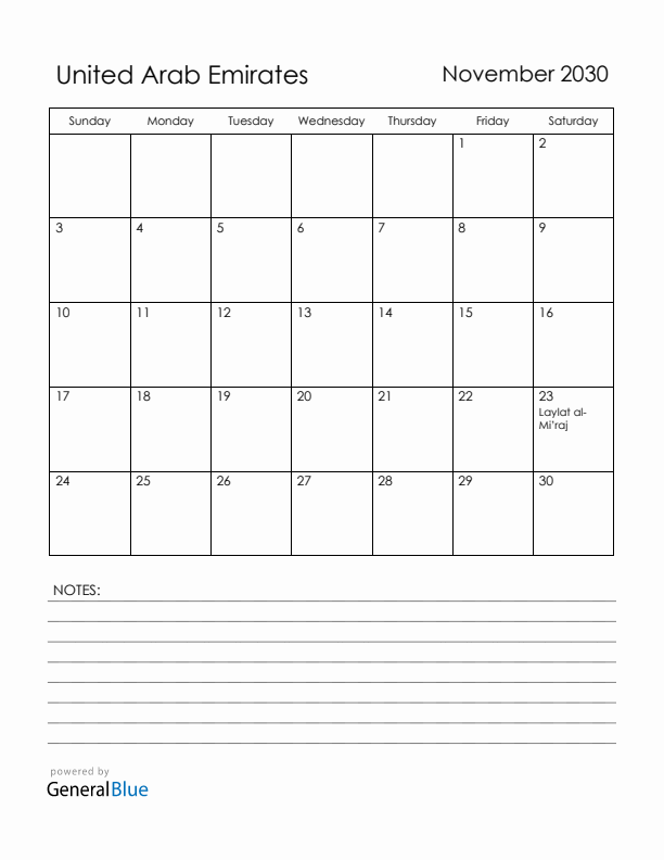 November 2030 United Arab Emirates Calendar with Holidays (Sunday Start)