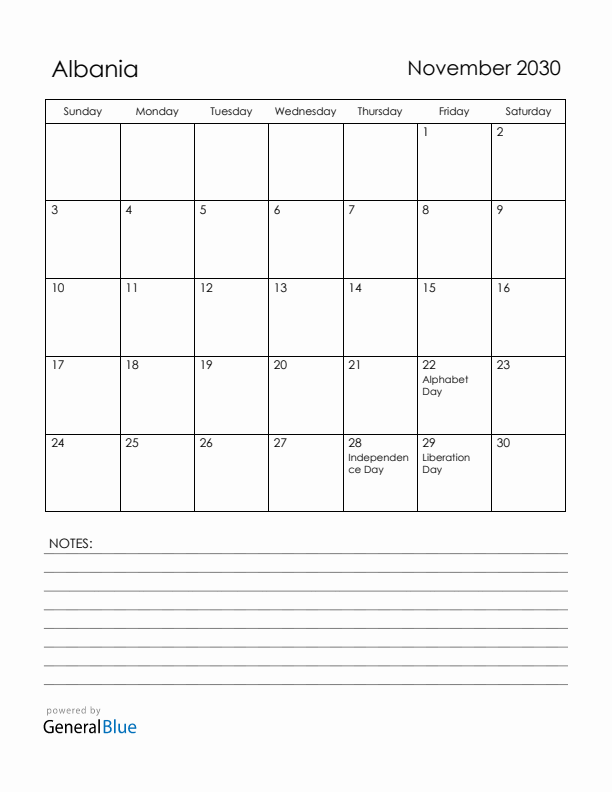 November 2030 Albania Calendar with Holidays (Sunday Start)