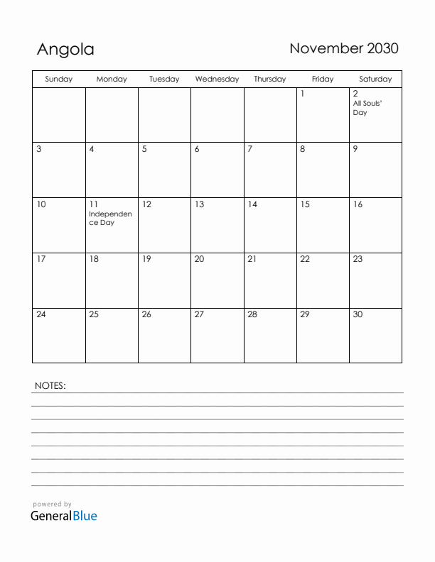 November 2030 Angola Calendar with Holidays (Sunday Start)