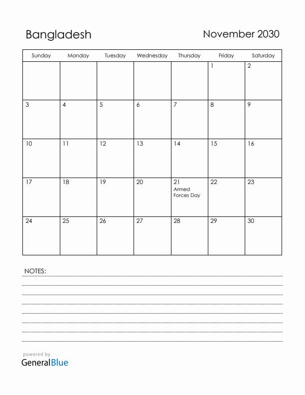 November 2030 Bangladesh Calendar with Holidays (Sunday Start)