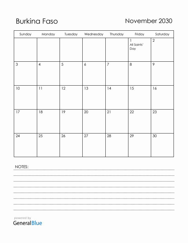 November 2030 Burkina Faso Calendar with Holidays (Sunday Start)