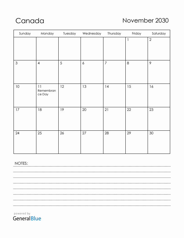 November 2030 Canada Calendar with Holidays (Sunday Start)