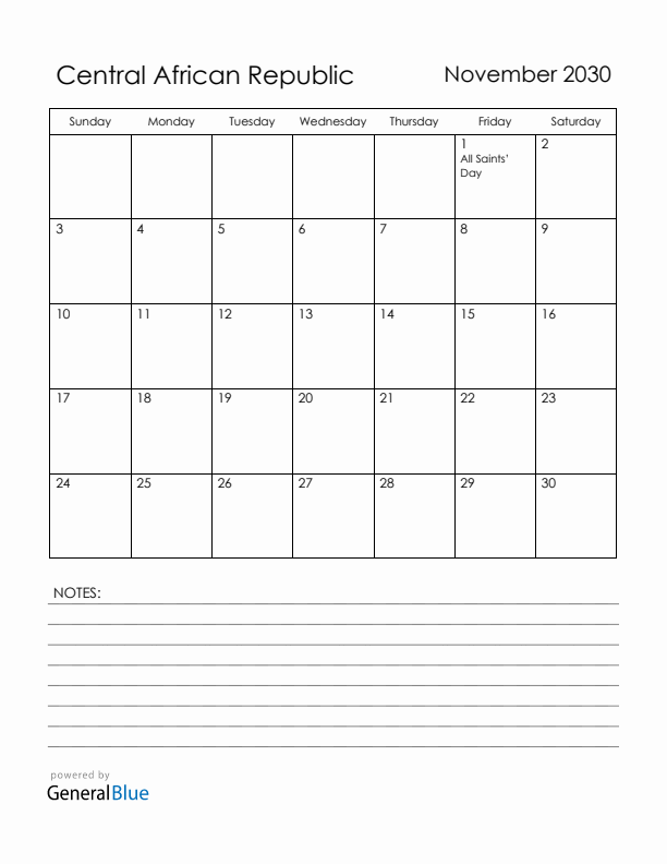 November 2030 Central African Republic Calendar with Holidays (Sunday Start)