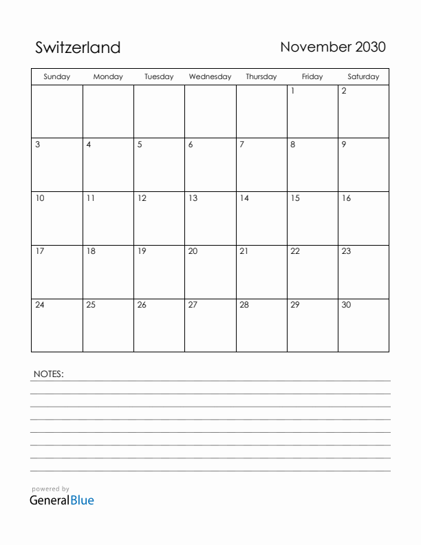 November 2030 Switzerland Calendar with Holidays (Sunday Start)
