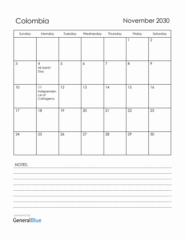 November 2030 Colombia Calendar with Holidays (Sunday Start)