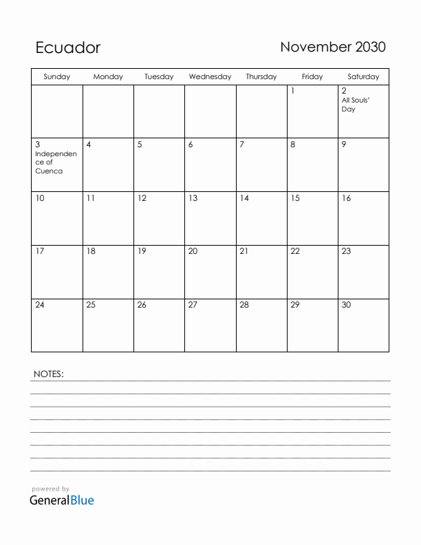 November 2030 Ecuador Calendar with Holidays (Sunday Start)