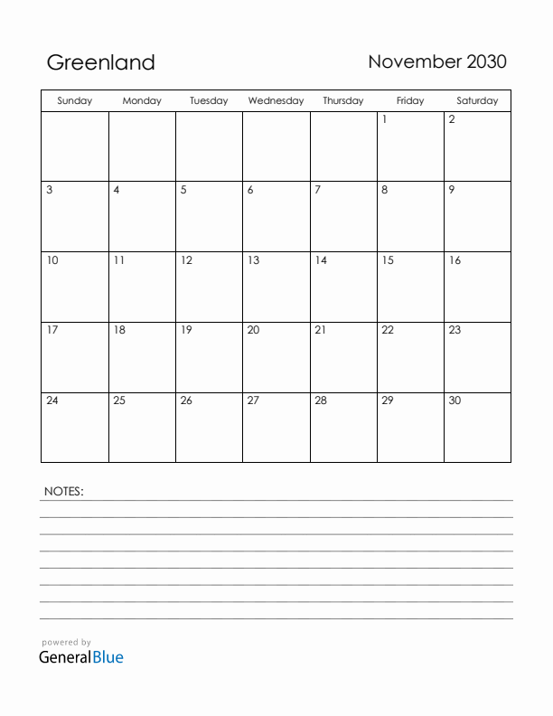 November 2030 Greenland Calendar with Holidays (Sunday Start)