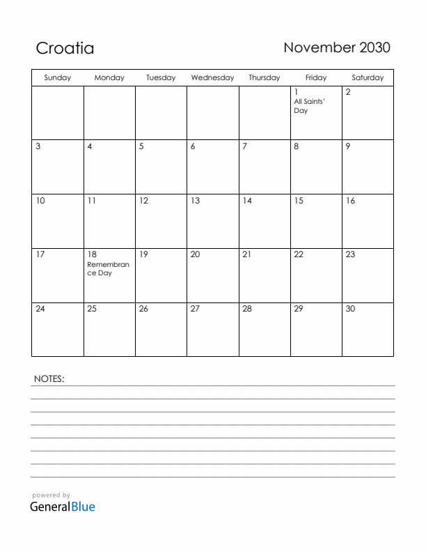 November 2030 Croatia Calendar with Holidays (Sunday Start)