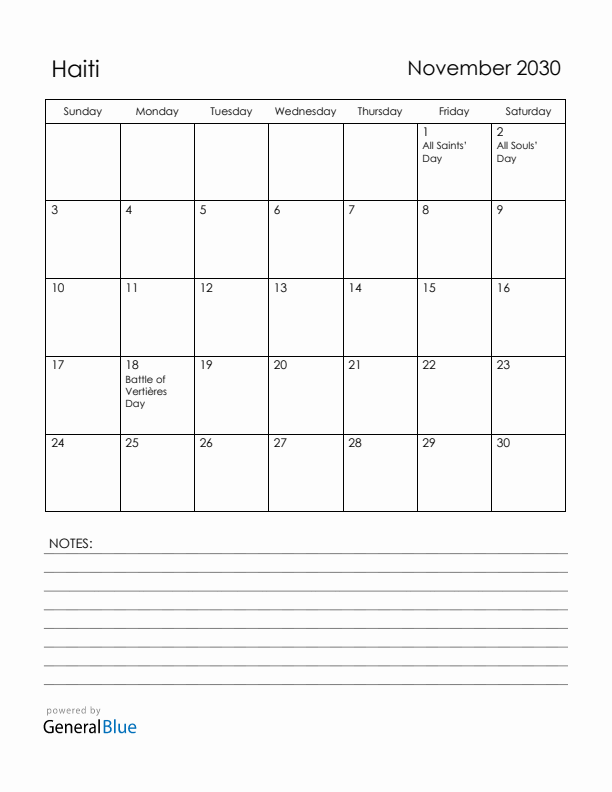 November 2030 Haiti Calendar with Holidays (Sunday Start)