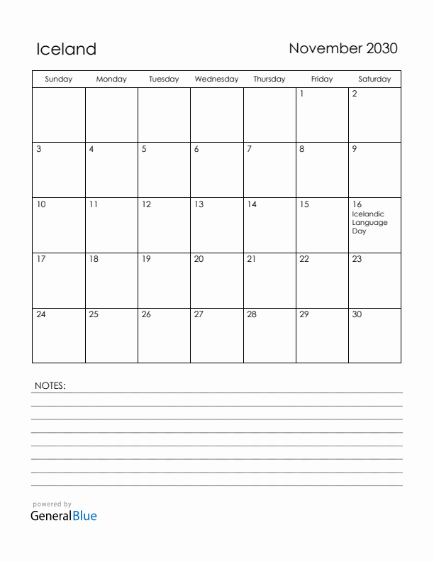 November 2030 Iceland Calendar with Holidays (Sunday Start)