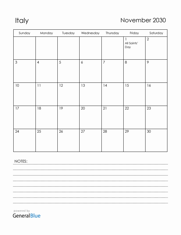 November 2030 Italy Calendar with Holidays (Sunday Start)