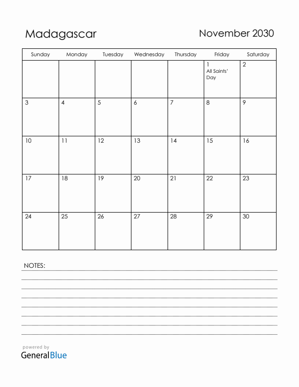 November 2030 Madagascar Calendar with Holidays (Sunday Start)