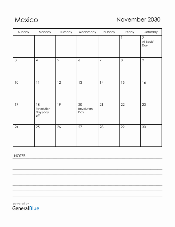 November 2030 Mexico Calendar with Holidays (Sunday Start)