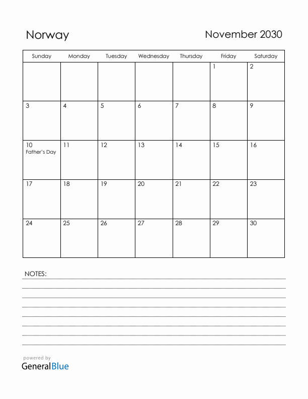 November 2030 Norway Calendar with Holidays (Sunday Start)