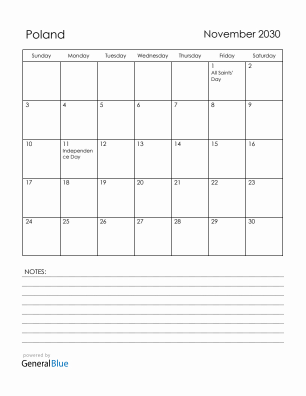 November 2030 Poland Calendar with Holidays (Sunday Start)