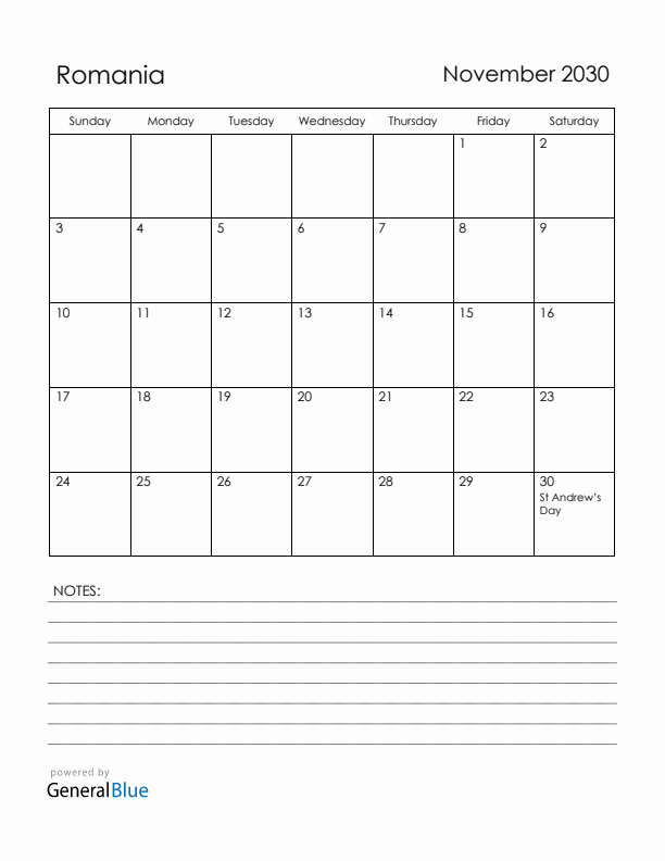 November 2030 Romania Calendar with Holidays (Sunday Start)