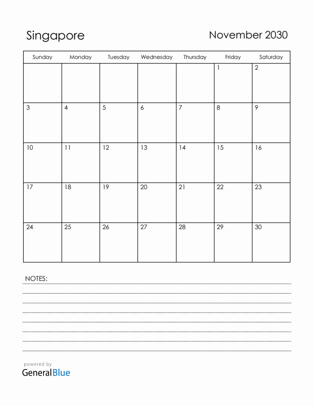 November 2030 Singapore Calendar with Holidays (Sunday Start)