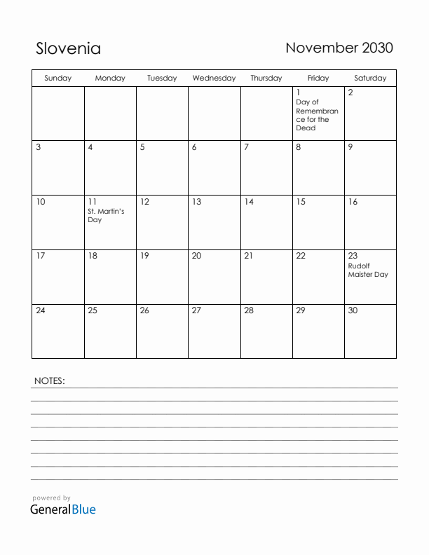 November 2030 Slovenia Calendar with Holidays (Sunday Start)