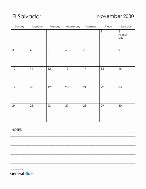 November 2030 El Salvador Calendar with Holidays (Sunday Start)